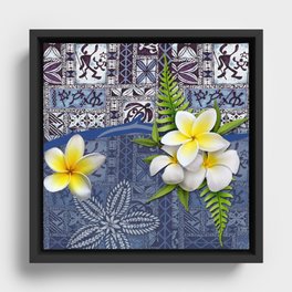 Blue Hawaiian Tapa and Plumeria Framed Canvas