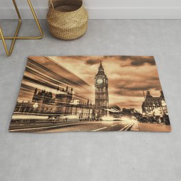 The Big Ben in retro style in London Rug | City, Drawing, Retro, Dark, Clouds, Architecture, London, Parliament, Graphicdesign, Illustration 