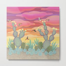 rufous hummingbirds & cactus Metal Print | Sunset, Mixedmedia, Colored Pencil, Rosepink, Sagegreen, Rufoushummingbirds, Ballcactus, Pricklypearcactus, Cacti, Drawing 