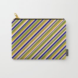 [ Thumbnail: Vibrant Dark Blue, Tan, Green, Goldenrod & Bisque Colored Striped Pattern Carry-All Pouch ]