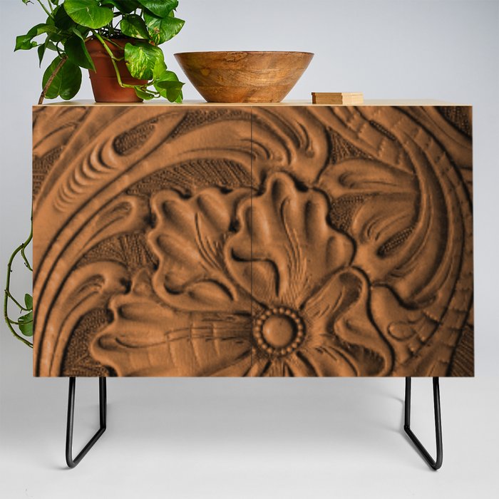 Golden Tanned Tooled Leather Credenza by The Ghost Town Society6