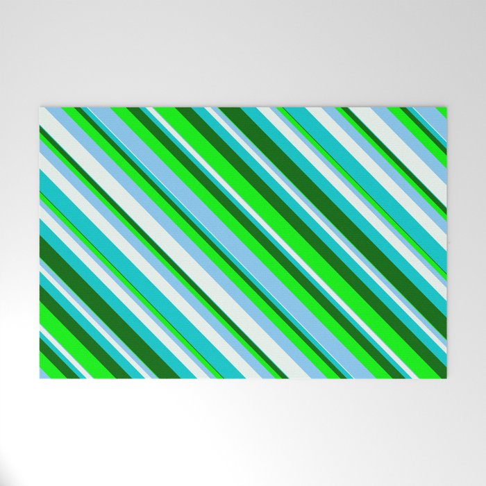 Lime, Light Sky Blue, Mint Cream, Dark Turquoise & Dark Green Colored Lines/Stripes Pattern Welcome Mat