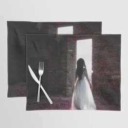 Dreams of lavender; female in beautiful white gown on spring morning walking into sunlight portrait magical realism fantasy color photograph / photography Placemat