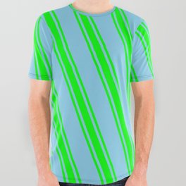 [ Thumbnail: Sky Blue & Lime Colored Lines/Stripes Pattern All Over Graphic Tee ]