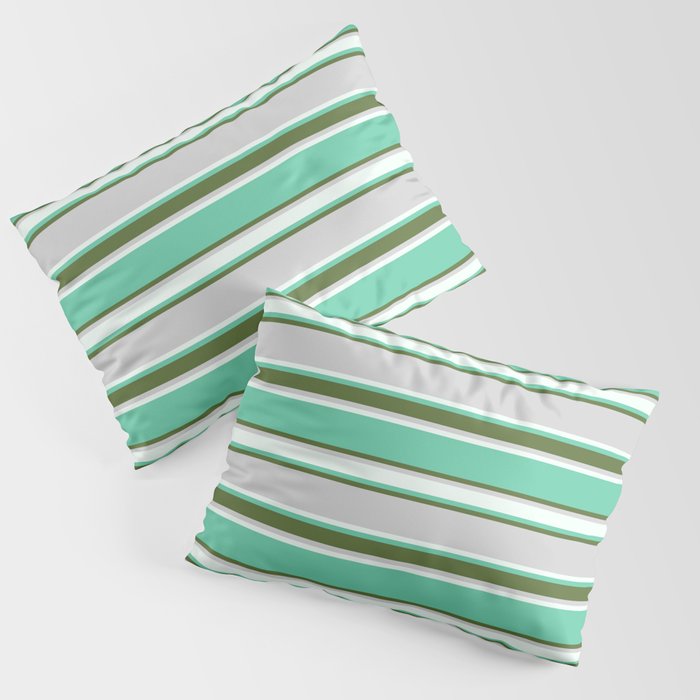 Aquamarine, Dark Olive Green, Light Grey, and Mint Cream Colored Pattern of Stripes Pillow Sham