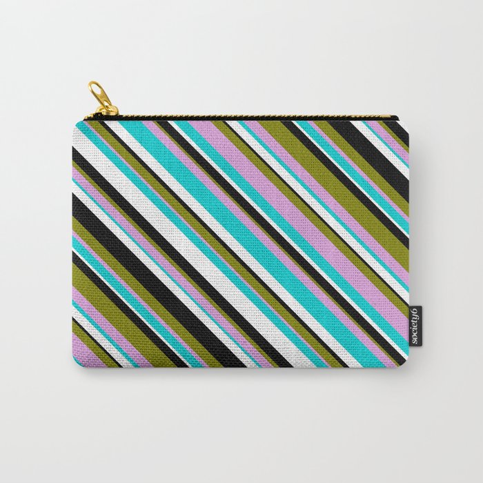 Eye-catching Green, Plum, Dark Turquoise, White & Black Colored Striped/Lined Pattern Carry-All Pouch