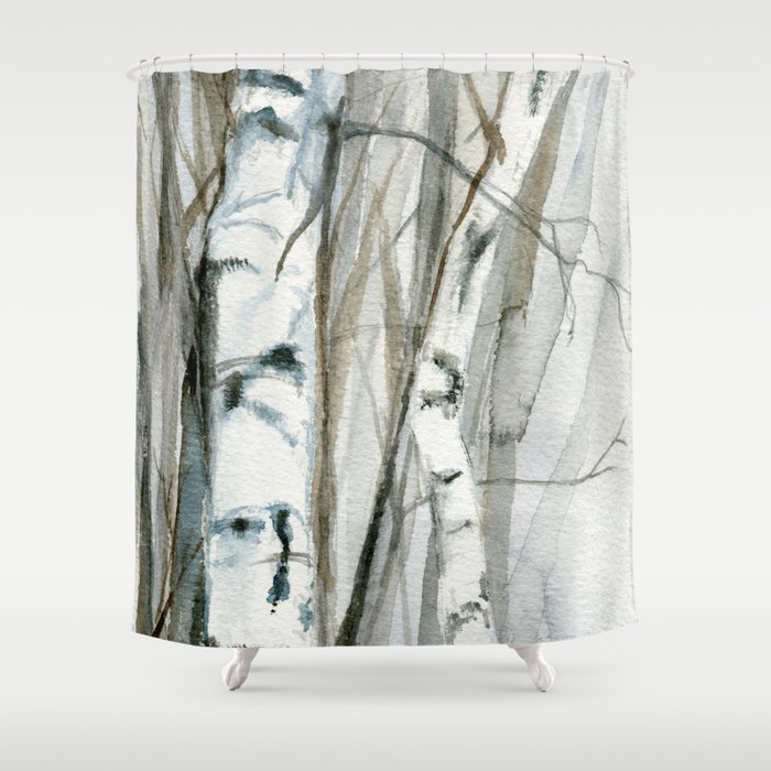 Winter Birch Trees Woodland Watercolor Original Art Print Shower