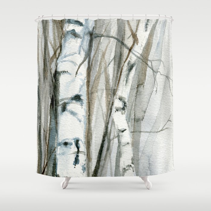 Winter Birch Trees Woodland Watercolor Original Art Print Shower Curtain