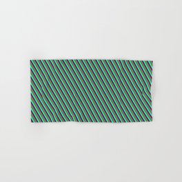 [ Thumbnail: Blue, Green, Aqua & Dark Red Colored Stripes Pattern Hand & Bath Towel ]
