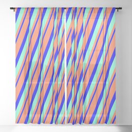 [ Thumbnail: Coral, Blue & Aquamarine Colored Striped/Lined Pattern Sheer Curtain ]