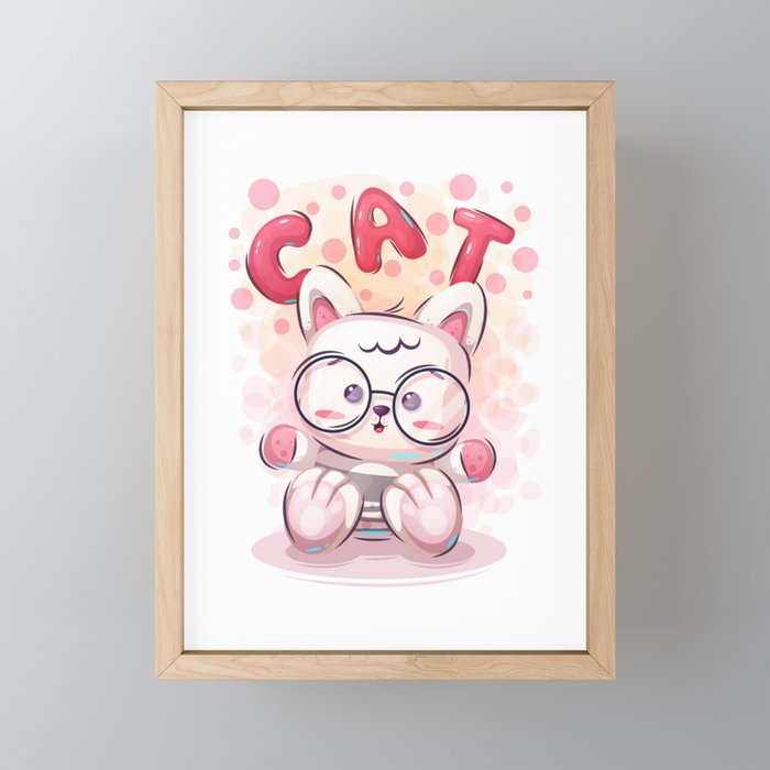 Cute Funny Cartoon Cat Character Pink Animal Illustration Framed Mini Art Print