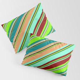 [ Thumbnail: Eyecatching Dark Cyan, Brown, Aquamarine, Dark Red, and Chartreuse Colored Striped/Lined Pattern Pillow Sham ]