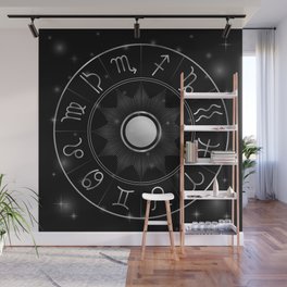 Zodiac astrology circle Silver astrological signs with moon sun and stars Wall Mural
