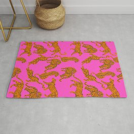 Abstract leopard with red lips illustration in fuchsia background  Rug