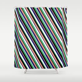 [ Thumbnail: Eye-catching Dark Salmon, Midnight Blue, Mint Cream, Sea Green, and Black Colored Pattern of Stripes Shower Curtain ]