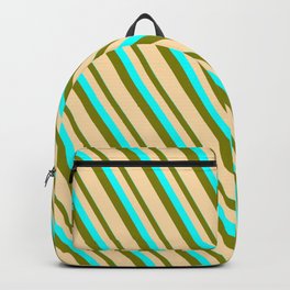[ Thumbnail: Cyan, Green, and Tan Colored Striped Pattern Backpack ]