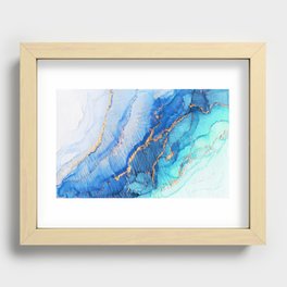 Aqua Blue Gold Abstract Ink Pattern Recessed Framed Print