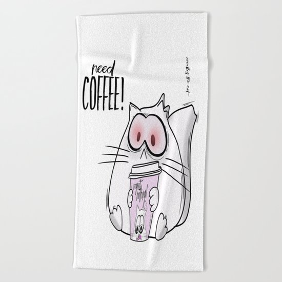Noodles the Cat needs Coffee! Beach Towel