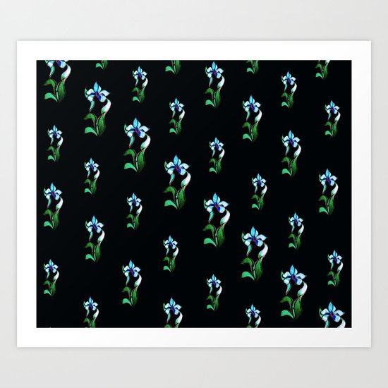 Blue green neon flowers on black Art Print