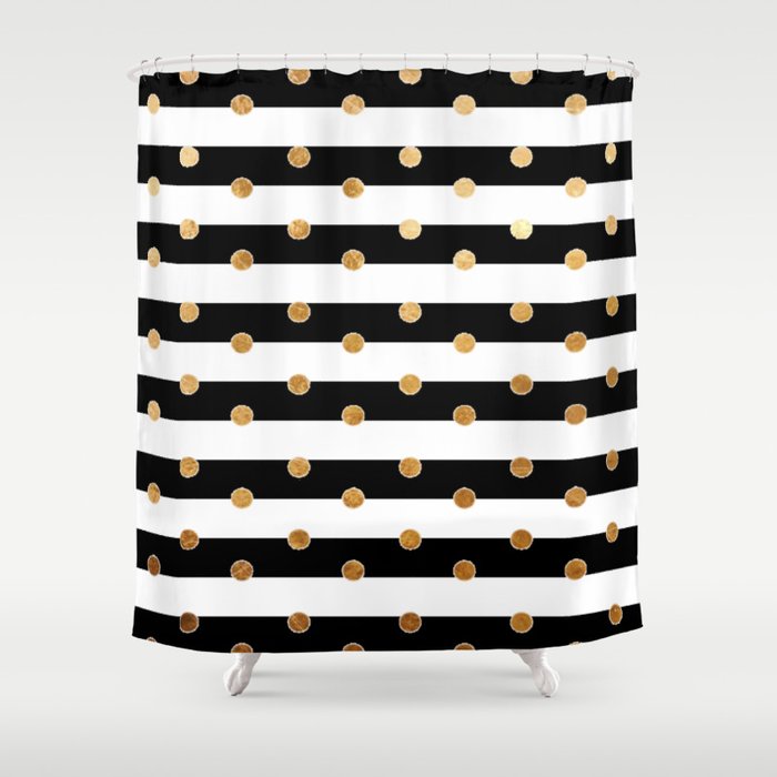 Black and white stripe gold dot Shower Curtain