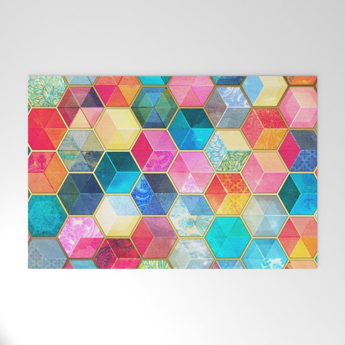 Crystal Bohemian Honeycomb Cubes - colorful hexagon pattern Welcome Mat