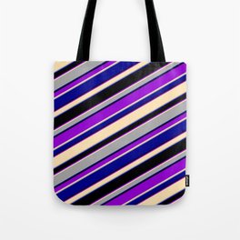 [ Thumbnail: Eyecatching Dark Violet, Beige, Dark Grey, Dark Blue & Black Colored Lined Pattern Tote Bag ]