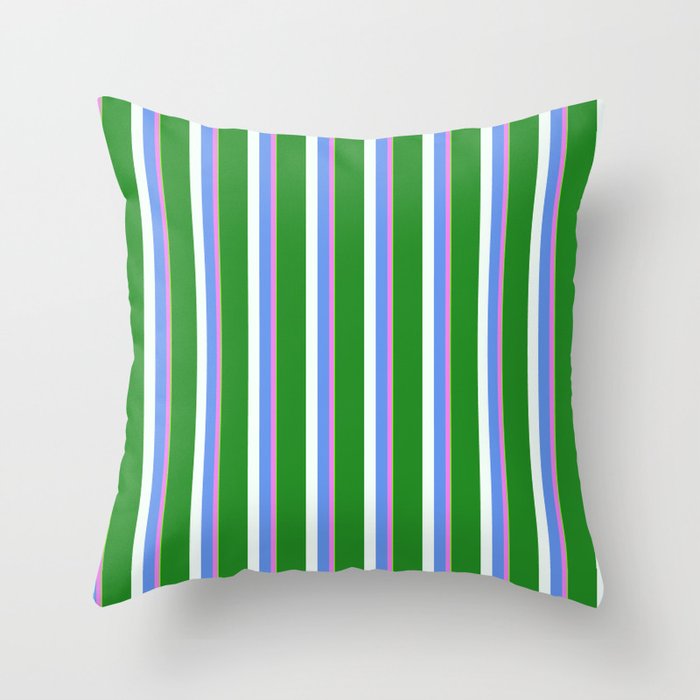 Eyecatching Green, Violet, Cornflower Blue, Mint Cream & Forest Green Colored Pattern of Stripes Throw Pillow