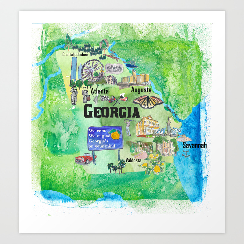 Usa Georgia State Travel Poster Map With Tourist Highlights Art Print By Artshop77 Society6