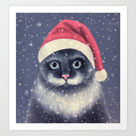 Christmas cat with a mustache Art Print
