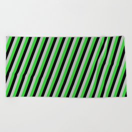 [ Thumbnail: Grey, Lime Green & Black Colored Lines Pattern Beach Towel ]