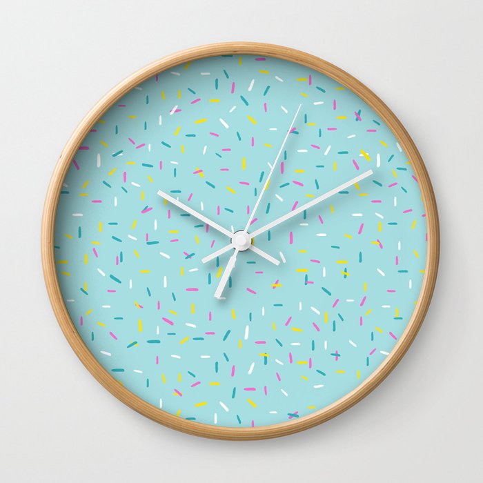 Rainbow Sprinkles Jimmies 90s Confetti on Teal Blue Background Wall Clock