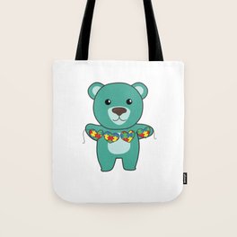 Autism Awareness Month Puzzle Heart Turquoise Bear Tote Bag