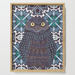 Cute burrowing owl decorated and on a patterned background - blue Serving Tray