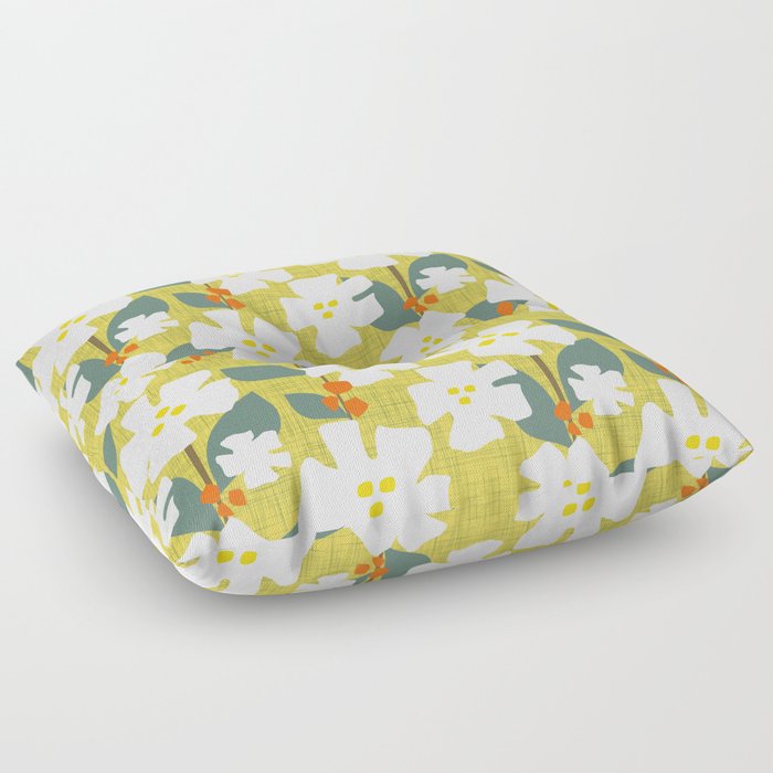 White Flowers and Red Berries Floor Pillow