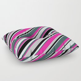 [ Thumbnail: Colorful Light Cyan, Dark Slate Gray, Deep Pink, Grey & Black Colored Lines/Stripes Pattern Floor Pillow ]