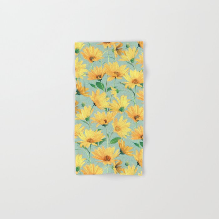 Painted Golden Yellow Daisies On Soft Sage Green Hand Bath Towel Painted Golden Yellow Daisies On Soft Sage Green Hand Bath Towel