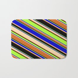 [ Thumbnail: Colorful Light Green, Blue, Tan, Chocolate & Black Colored Lines/Stripes Pattern Bath Mat ]