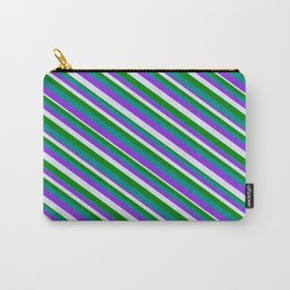 [ Thumbnail: Purple, Lavender, Green, and Dark Cyan Colored Striped/Lined Pattern Carry-All Pouch ]