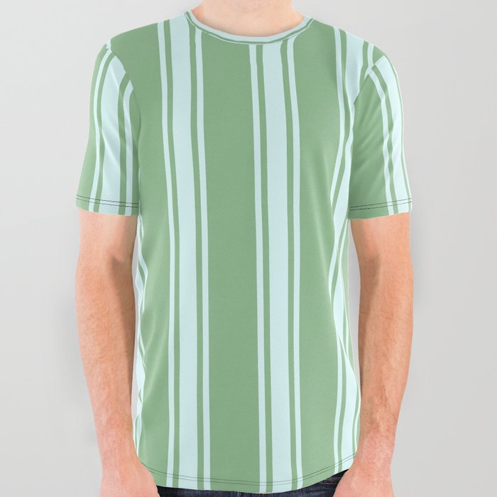 Dark Sea Green and Light Cyan Colored Pattern of Stripes All Over Graphic Tee