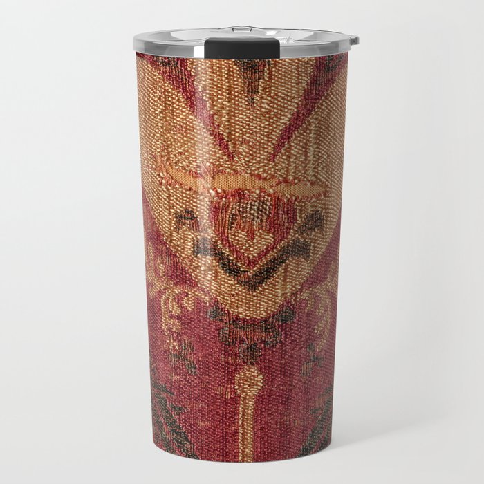 Antique Distressed Red Silk with Palmettes and Birds Travel Mug