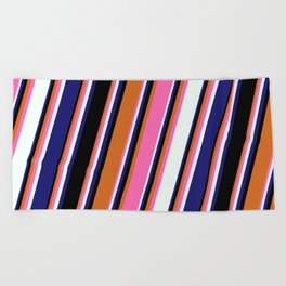 [ Thumbnail: Chocolate, Hot Pink, Mint Cream, Midnight Blue & Black Colored Lines/Stripes Pattern Beach Towel ]
