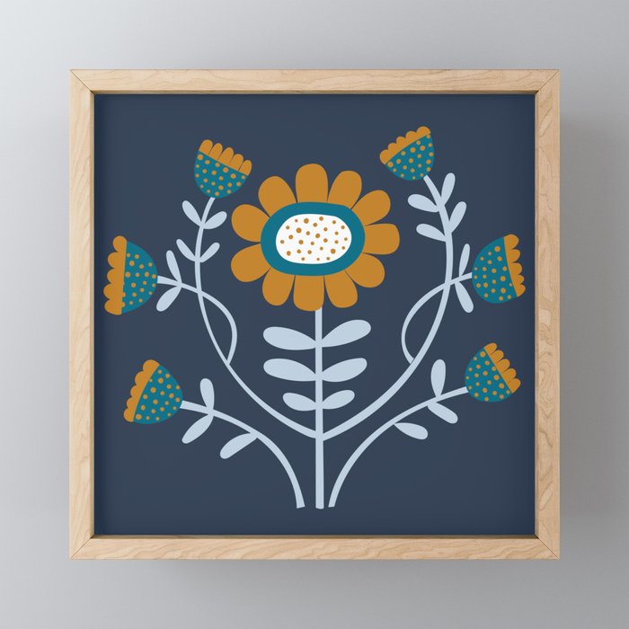 Arts and Crafts Folk Floral - Caramel and teal on Navy by Cecca Designs Framed Mini Art Print