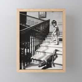 Little Girl with Pet Alligator on a leash black and white photograph / black and white photography Framed Mini Art Print