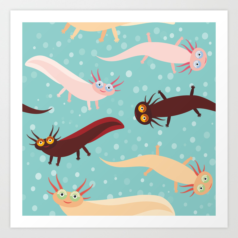 Pattern Cute Orange Pink Brown Axolotl Cartoon Character On Blue Background In The Aquarium Art Print By Ekaterinap Society6 Pattern Cute Orange Pink Brown Axolotl Cartoon Character On Blue Background In The Aquarium Art Print By Ekaterinap Society6