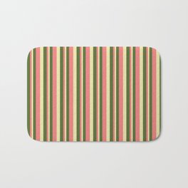 [ Thumbnail: Dark Olive Green, Light Coral, and Pale Goldenrod Colored Lined/Striped Pattern Bath Mat ]