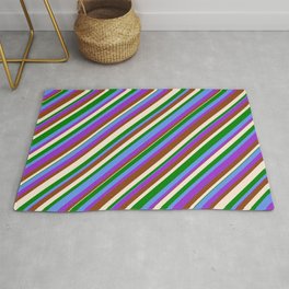 [ Thumbnail: Colorful Cornflower Blue, Dark Orchid, Brown, Beige & Green Colored Lined/Striped Pattern Rug ]