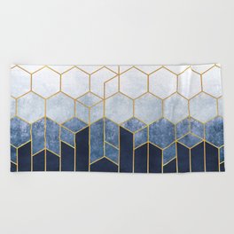 Indigo Blue + Golden Hexagons Abstract Design Beach Towel