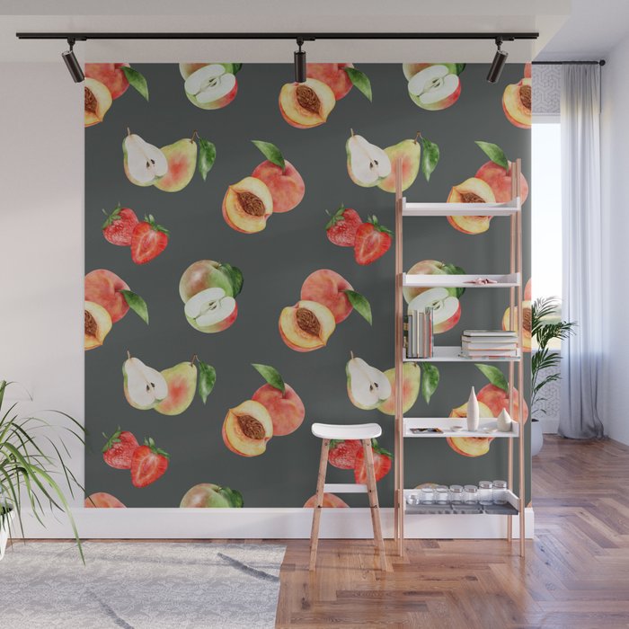Trendy Summer Pattern with Stawberries, pears and peaches Wall Mural