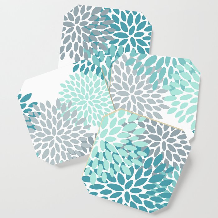 Floral Pattern, Aqua, Teal, Turquoise and Gray Coaster