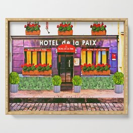Paris Hotel De La Paix colorful street scene watercolor portrait painting with flower boxes Serving Tray
